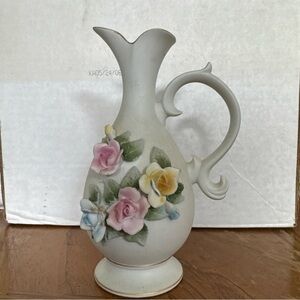 Lefton Vintage Floral Porcelain Pitcher with 3D Pastel Flowers KW25097